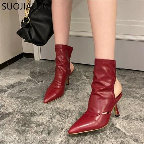 SUOJIALUN Sexy Hollow Out Women Boot Shoes Thin High Heel Ladies Dress Pumps Sandal Shoes Ladies Slip On Pointed Toe Short Boots