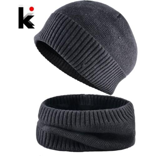 Winter Skullies Beanies Men Warm Hat Set Solid Color Knitted Beanie and Scarf For Women Add Velvet Knitting Unisex Bonnet Sets