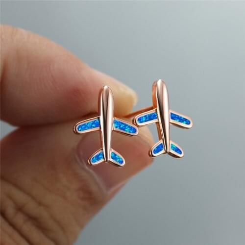 Boho Rose Gold Silver Color Wedding Earrings Classic Small Aircraft Stud Earrings Cute Female White Blue Opal Earrings For Women