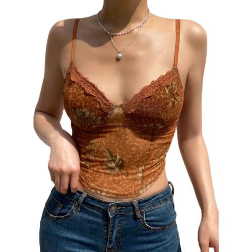2021 Fashion Sexy Floral Print Mesh Camisole Tops Women Sleeveless Lace V Neck Slim Fit Tank Top Holiday Summer Casual Crop Top