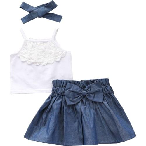 Baby Girl Tops, Denim Skirt, Bow Headband, Ruffle Sling Shirts, Patchwork Half-Dress Summer Suit 3M-3T