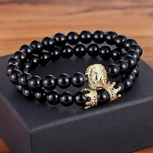 TYO Luxury Top Quality Mens Women Gold Lion CZ Crown Charm 8MM Bright Natural Stone Black Beads Bracelet for Couple Jewelry Gift