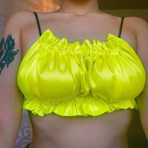 Spring Open Stain Halter Back Female Clothing Solid Candy Color Sexy Nightclub Pleated Bustier Crop Tops For Woman Neon Green