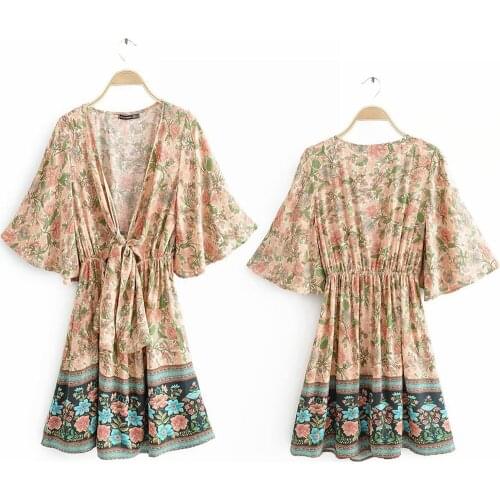 Vintage Chic Womens Floral Print Deep V-neck Bohemian Mini Dress Ladies Batwing Sleeve Rayon Knotted Short Dresses Vestido