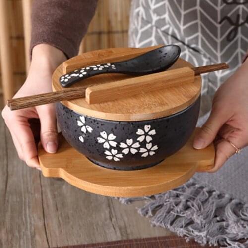 Japanese bowl Instant Noodles Tableware Dining room Tableware Salad Ceramic bowl Bring Wooden Spoon Wooden Chopstick