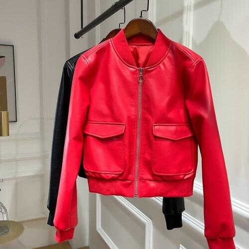 Spring Stand collar Knit Stitching Faux PU Leather Coat Women Red Motor Biker Jacket Big pocket Slim Short Bomber Jacket Female