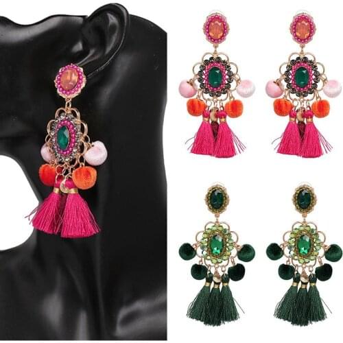 Women Rhinestone Flower Pompom Bohemian Ethnic Tassel Dangle Ear Stud Earrings Exaggerated Womens Earrings Accessories Jewelry