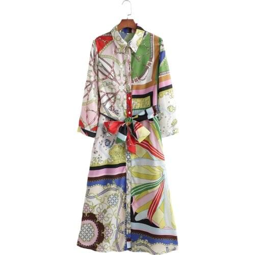 Women Long-Sleeved Dress Suit-Collar Single-Breasted Thin Geometric Print Dress European American Spring Fashion Women Dresses