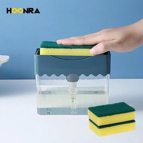 HOONRA 2 In 1 Sponge Rack Soap Dispenser Manual Press Soap Organizer Cleaning Liquid Dispenser Container Kitchen Cleaner Tool