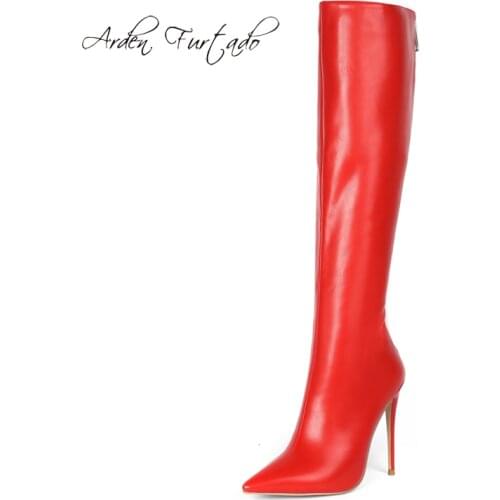 Arden Furtado Fashion Womens Shoes Winter Pointed Toe Stilettos Heels Concise Pure Color shiny leather red Zipper Womens Boots