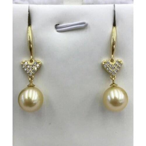 Free shipping charming 9-10mm Freshwater dangle gold pearl earring 925 silver