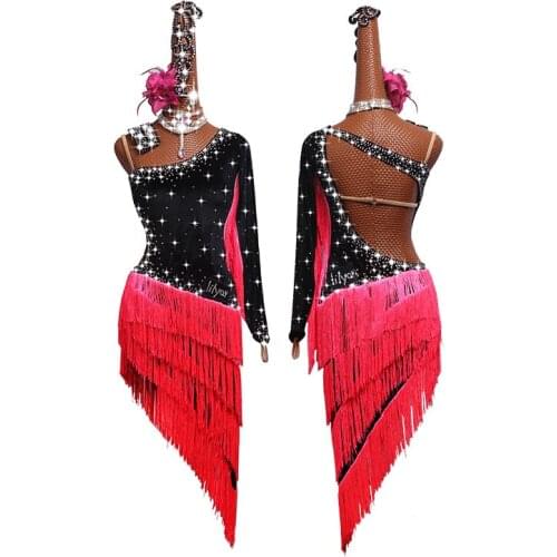 Shiny Rhinestone Women Latin Dance Dress Costumes Red Sexy Tassel Skirt Salsa Samba Rumba Ladies Fringe Latin Dress