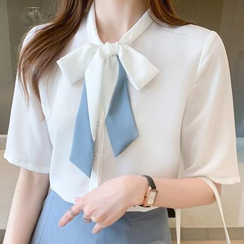 Blusas Shirts Blouses Femme Short Sleeve Blouse Women Bow V-Neck Chiffon Blouse Shirt Blusas Mujer De Moda 2021 Tops Women E931