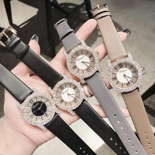 New Fashion Rose Gold Diamond Lady Watch Women New Rhinestone Dress Watches Luxury Leather Strap Women Quartz Watches