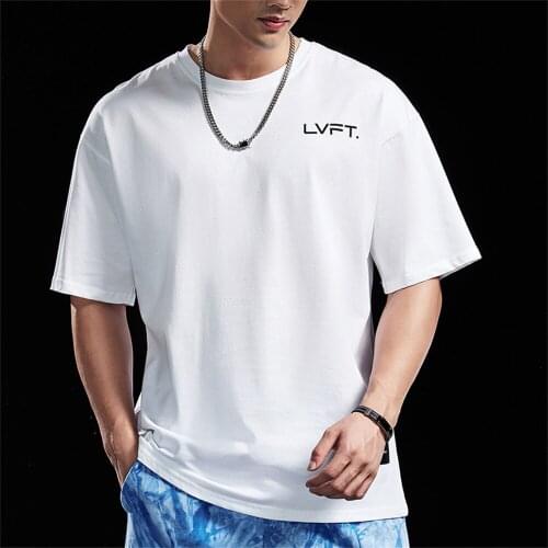 New Mens Fashion Brand Short-Sleeved Fitness Leisure Loose Round Neck T-Shirt Cotton Stretch SHARK Sports Running Student Tee