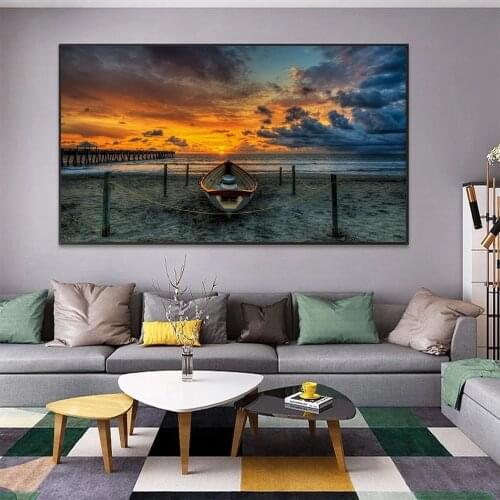 Modern Sunset Beach Boat Landscape Canvas Painting View Posters and Prints Cuadros Wall Art Pictures for Living Room Home Decor