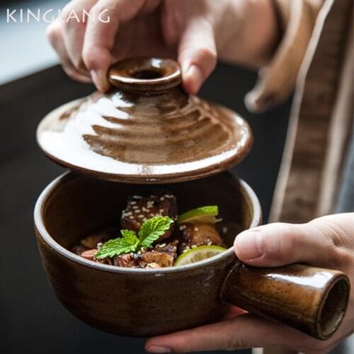 Kinglang Creative Retro Ceramic Rice Bowl with Lid Small Bowl Handmade Dessert Food Bowl Dish