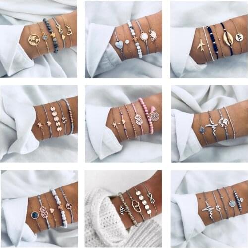 Tocona Boho Geometric Heartbeat Map LetterTree Bracelet Set for Women Turtle Bead Rope chain Layered Bracelets Bangle Jewelry