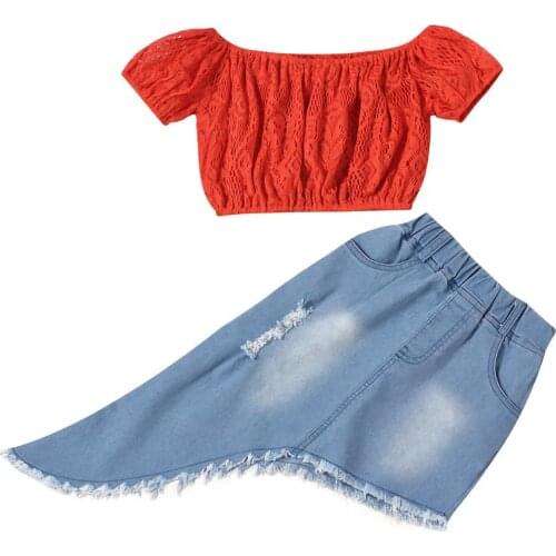 1-6Y Kids Girl Summer Clothes Set Lace Off Shoulder Top Irregular Denim Skirt детская одежда комплекты одежды