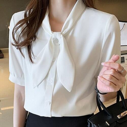Summer Short Sleeve White Blouse Bow Collar Chiffon Blouse Shirt Tops Women Blusas Mujer De Moda 2021 Blouses Femme Shirts F74