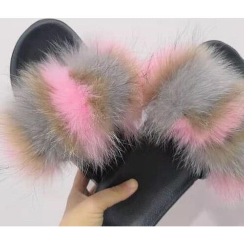 Fashion Flip Flops Fur Slider Slippers Open Toe Fluffy House Slide Women Winter Slippers Indoor Racoon Furry Fur Slides Sandal