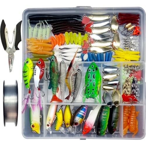Artificial Fishing Lure Set Kit Mixed Soft Lure Silicon Bait Fishing Tackle Accessories All Water Vib Spoon Frog Plier Hook A350