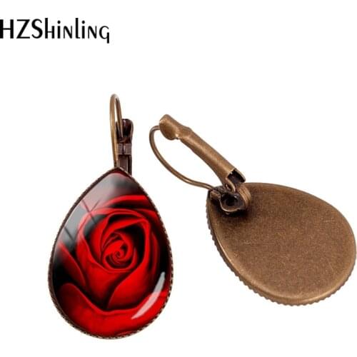 2019 New Red Rose Pattern Art Tear Drop Earring Flowers Romantic Earring Clips Glass Dome Handmade Ear clip Jewelry