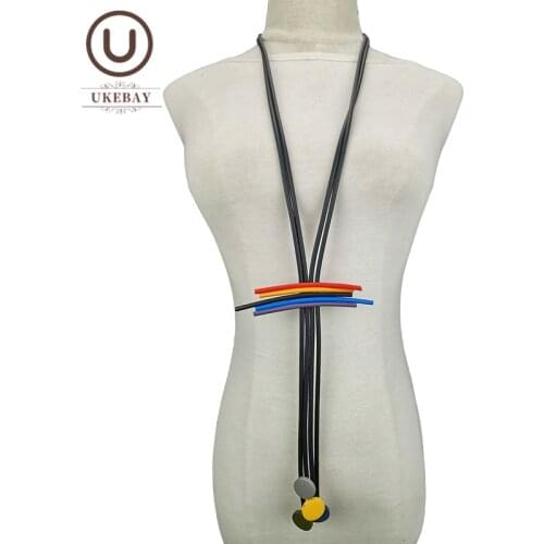 UKEBAY NEW Design Multicolor Pendant Necklaces Wood Jewelry Women Long Ethnic Necklace Rubber Rope Gothic Sweater Chain Wooden