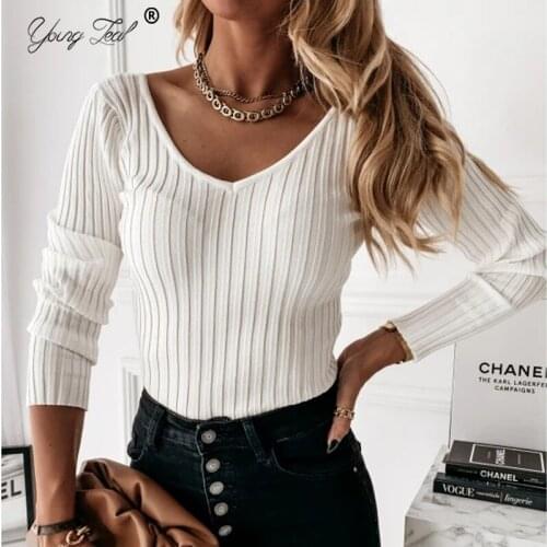 Solid V Neck Long Sleeve Sweater Women Autumn Winter Casual Slim Knitted Tops Ladies Jumper Clothes Leisure Knitting Sweater