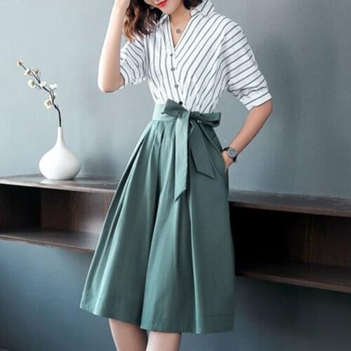 Striped shirt dress women elegant office ladies OL midi work tunic dress fashion half sleeve bow sashes bandage big swing dress
