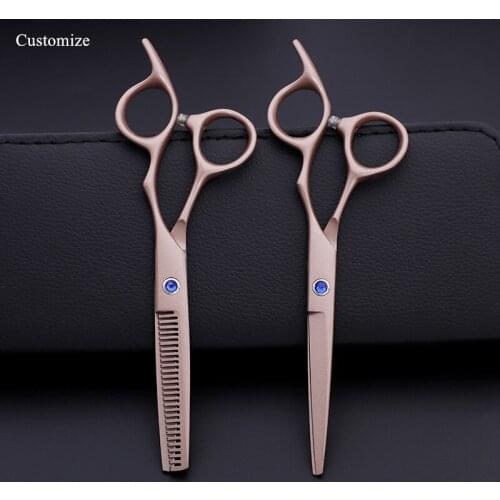 Customize logo Japan steel 6 '' blue gem rose gold hair scissors cutting barber haircut thinning shears hairdressing scissors