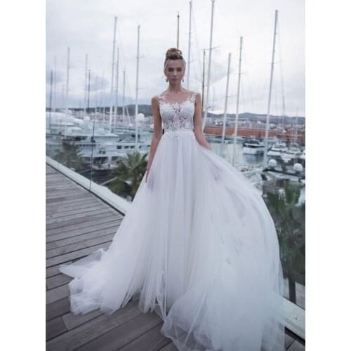Simple Lace Appliques A-Line Tulle Wedding Dresses Bridal Gowns Formal 2020 Modest Tulle Soft Long Beach Wedding Wear