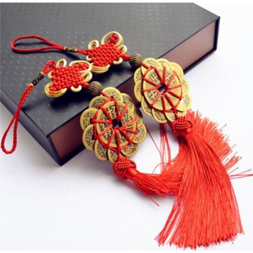 Hand-knit Chinese Knot Lucky Ancient Coins Protection Prosperity Lucky Figurines Feng Shui Copper Coins For Home Car Decor