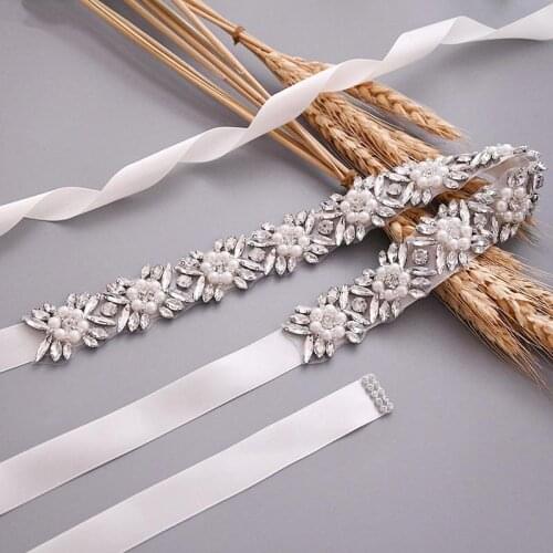 Rhinestone Bridal Belt Pearls Wedding Sash Appliqarl Thin Silver Bride Dress Belts Accessories for Women and Girls