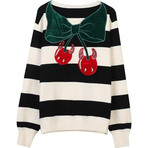 Vintage Striped Sweater Women Pullovers Loose Knit Tops Long Sleeve Bow Beading Casual Jumper Jersey Streetwear Fashion Korean