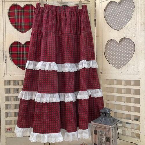 Japanese Harajuku Girl Fashion Red Plaid Lolita A-Line Skirt Female High Waist Sweet Kawaii Long Skirt Streetwear