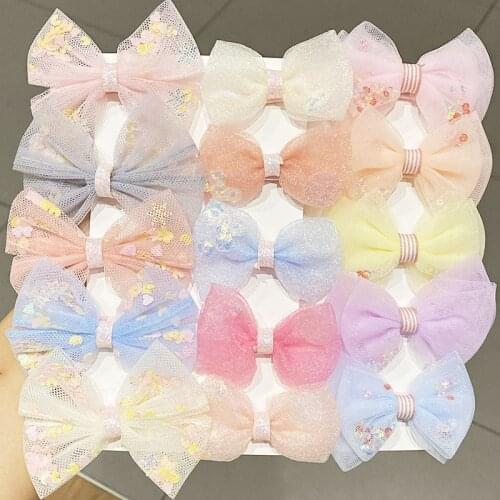 5pcs Cute Baby Kids Mesh Yarn Lace Hair Pins with Ribbon Wrap Children Girls Hairpins Organza Bow Hair Clips Hair Accessories