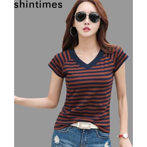 Camisas Mujer 2020 Striped Tshirt V-Neck T Shirt Women Printed T-Shirt Tee Shirt Femme Summer Tops Slim Casual Camiseta Feminina