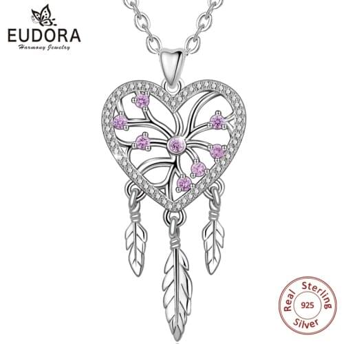EUDORA Genuine 925 Sterling Silver Pink CZ Tree of life Feather Dream Catcher Pendant Necklaces Fashion Jewelry for Women CYD377