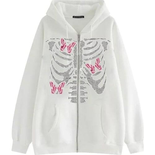 Skull rhinestone butterfly print gothic street oversized hoodie women Y2K trend Harajuku fashion loose zipper sweatshirt women