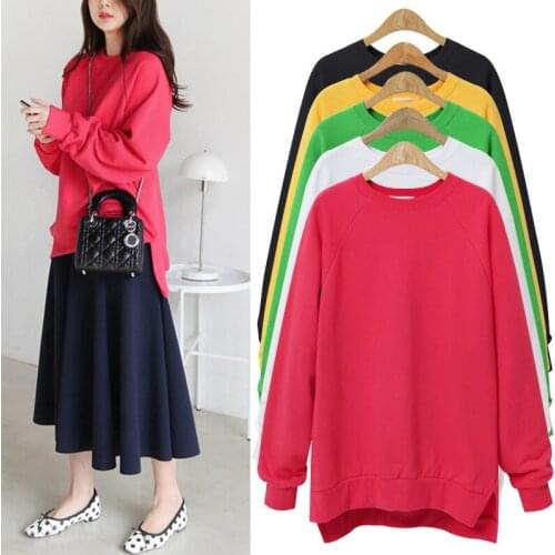 Woman Autumn Loose Sweatshirts Oversized Mid-length O- Neck Hooded Pullover Tops Long Sleeved Loose Casual Clothes