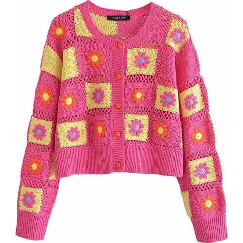 Aonibeier 2021 Za Woman Casual Traf Crop Tops Autumn Patchwork Flowers Crocheted Knit Cardigan Single Breasted Loose Sweaters