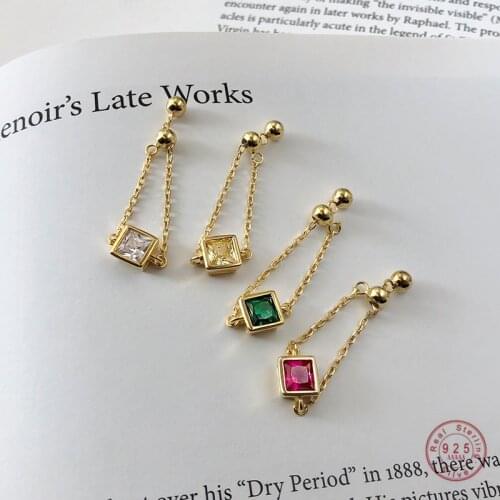 100% 925 Sterling Silver Exquisite Square White Yellow Green Red Zircon Chain Adjustable Ring Female Fine Jewelry