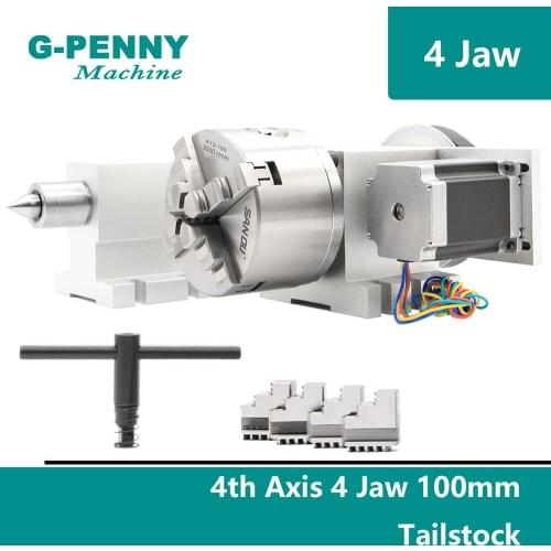 100mm 4 Jaw CNC 4th Axis+Tailstock CNC dividing head/Rotation Axis/A axis kit for Mini CNC router/engraver woodworking engraving