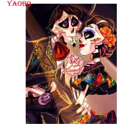 5d diy diamond painting skull couple diamond mosaic puzzles picture of rhinestones full square round diamond embroidery sales