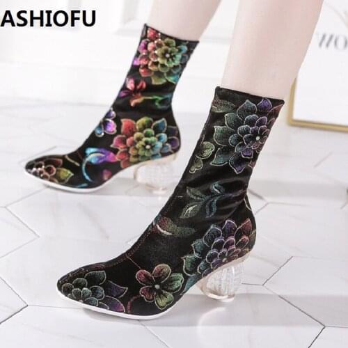 ASHIOFU Handmade New Womens High Heel Boots Retro Flower Leather Ankle Boots Fashion Party Prom Dress Evening Short Boots Shoes