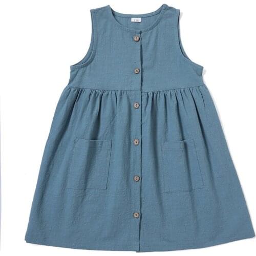 Cotton Linen Girls Dress Basic Solid Color Kids Summer Outfits Soft Fabric Breathable Elegant Children Clothes