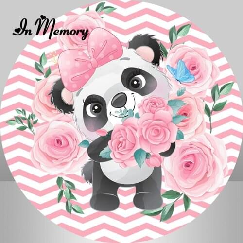 InMemory Round Circle Pink White Striped Flowers Cute Panda Backdrops Little Girls 1st Birthday Party Photograhy Backgrounds