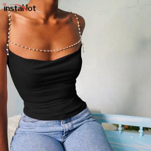 InstaHot sexy camis women 2020 pearl straps tops summer elegant ruched fashion streetwear casual backless criss cross camisole