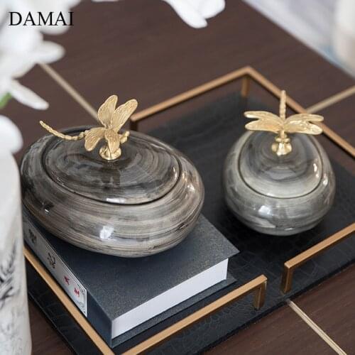 Chinese Ceramic Storage Jars with Lid Brass Dragonfly Decorative Sealed Tea Cans Coffee Table Desktop Candy Sanck Jar Home Decor